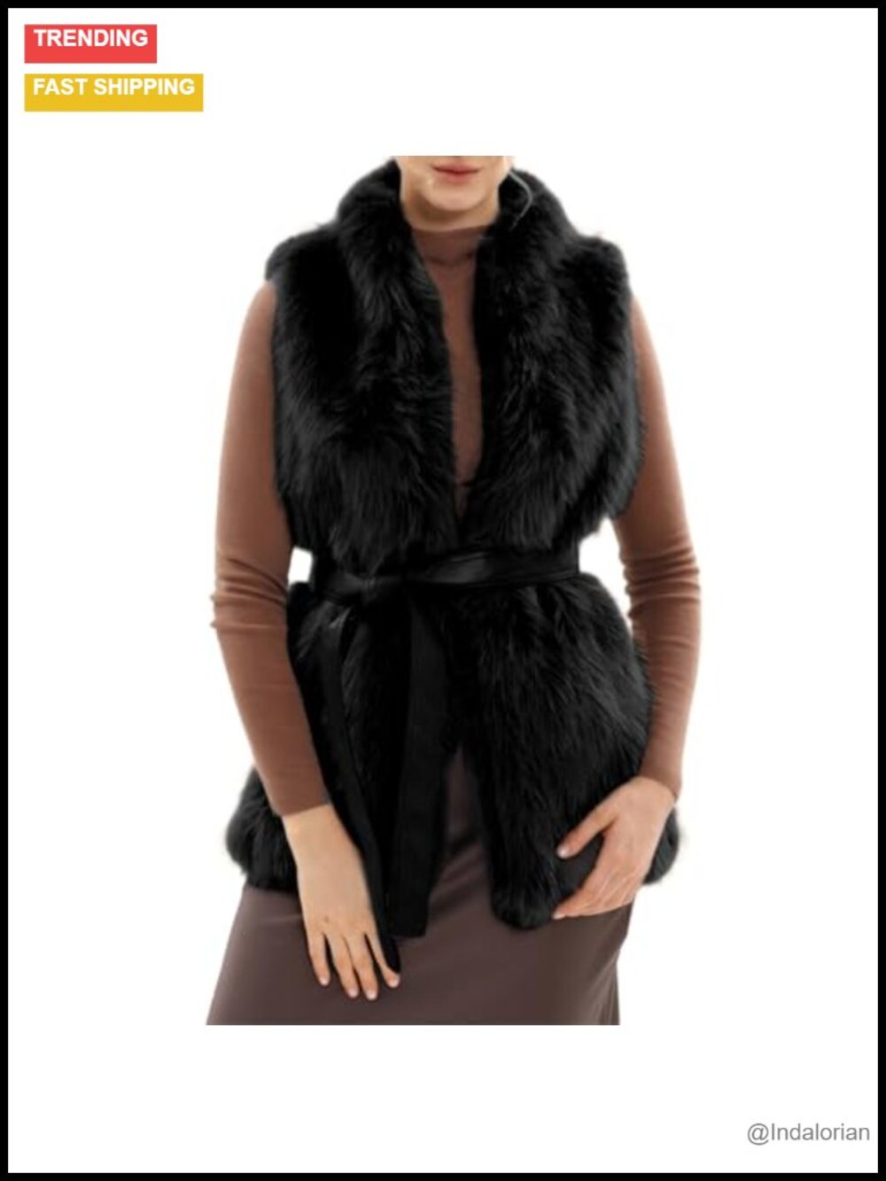Faux Fur Open Front Sleeveless Vest Coat with Belt Medium Length